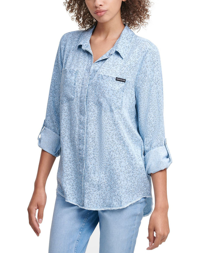 Calvin Klein Jeans Leopard Button Front Shirt Chambray Blue