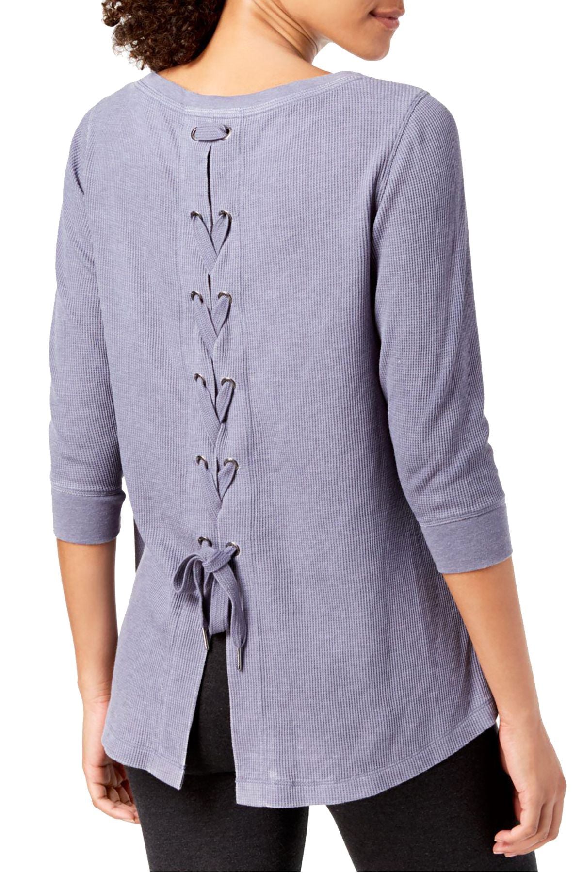 Calvin Klein Performance Steel Blue 3/4-Sleeve Lace-Up Back Top