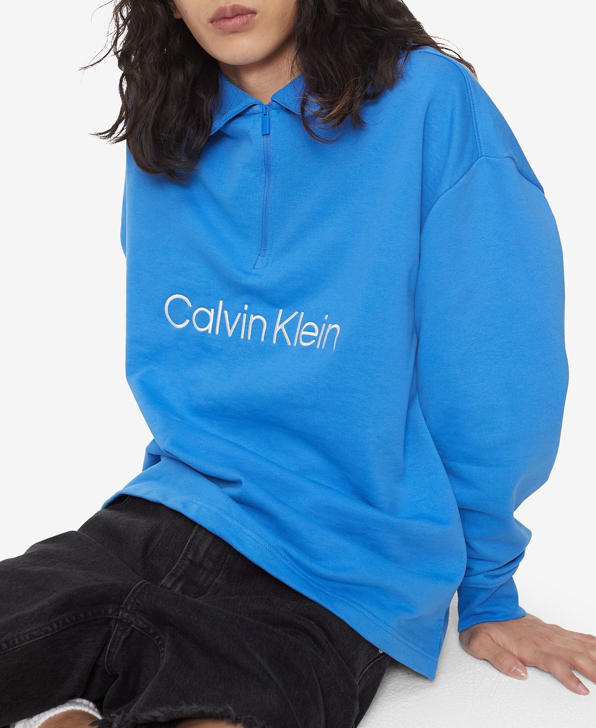 Calvin Klein Relaxed Fit Standard Logo Terry Long Sleeve Polo Shirt Palace Blue