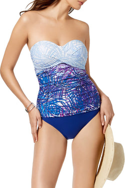 Calvin Klein Twist Front Bandeau Tummy Control Tankini Top in Ombre Palm thumbnail 1