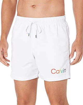 Calvin Klein White Standard UV Protected CK Logo Print Quick Dry Swim Trunk