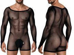 CandyMan 99955 Men's Underwear Patterned Fishnet Long Sleeve Bodysuit Color Black thumbnail 1