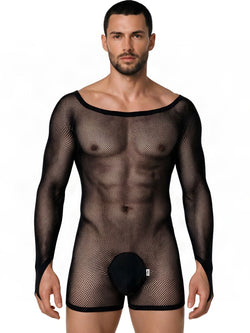 CandyMan 99955 Men's Underwear Patterned Fishnet Long Sleeve Bodysuit Color Black thumbnail 2