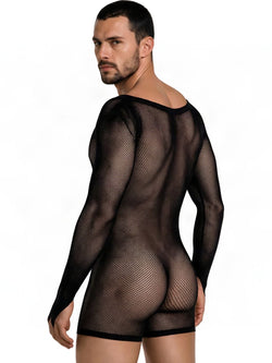 CandyMan 99955 Men's Underwear Patterned Fishnet Long Sleeve Bodysuit Color Black thumbnail 3