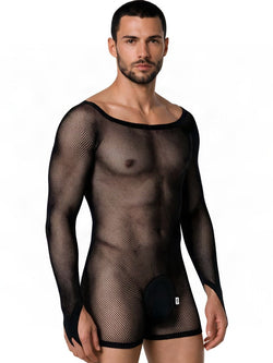 CandyMan 99955 Men's Underwear Patterned Fishnet Long Sleeve Bodysuit Color Black thumbnail 4