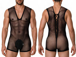 CandyMan 99956 Men's Underwear Sheer Textured Mesh Lace-Up Bodysuit Color Black thumbnail 1