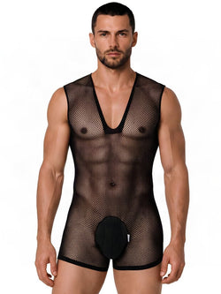 CandyMan 99956 Men's Underwear Sheer Textured Mesh Lace-Up Bodysuit Color Black thumbnail 2