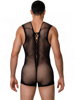 CandyMan 99956 Men's Underwear Sheer Textured Mesh Lace-Up Bodysuit Color Black thumbnail 3