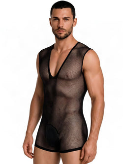 CandyMan 99956 Men's Underwear Sheer Textured Mesh Lace-Up Bodysuit Color Black thumbnail 4