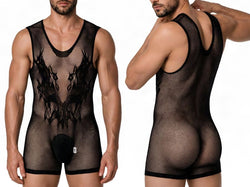 CandyMan 99958 Men's Underwear Sheer Patterned Bodysuit Color Black thumbnail 1