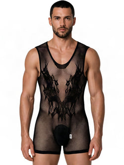 CandyMan 99958 Men's Underwear Sheer Patterned Bodysuit Color Black thumbnail 2