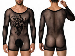 CandyMan 99959 Men's Underwear Bodysuit Alluring Sheer Long Sleeve Color Black thumbnail 1