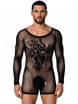 CandyMan 99959 Men's Underwear Bodysuit Alluring Sheer Long Sleeve Color Black thumbnail 2
