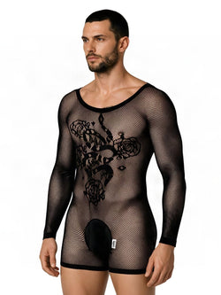 CandyMan 99959 Men's Underwear Bodysuit Alluring Sheer Long Sleeve Color Black thumbnail 4