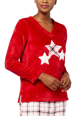 Charter Club Intimates Red/Grid-Plaid Plush Applique Pajama Top thumbnail 1