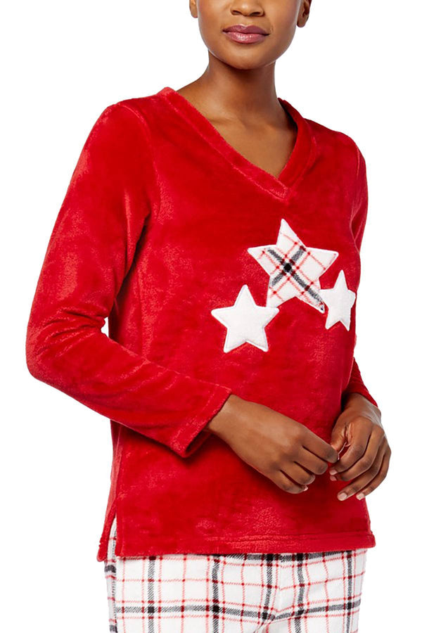 Charter Club Intimates Red/Grid-Plaid Plush Applique Pajama Top
