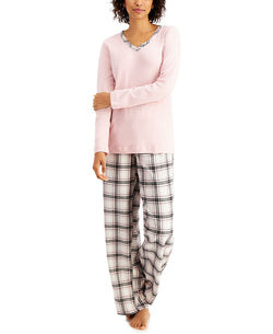 Charter Club Mixit Solid Top & Plaid Flannel Pajama Pants Set Square Plaid thumbnail 1