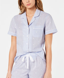Charter Club Notch Collar Cotton Pajama Top in Embroidery Stripe Blue thumbnail 2