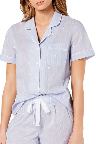 Charter Club Notch Collar Cotton Pajama Top in Embroidery Stripe Blue