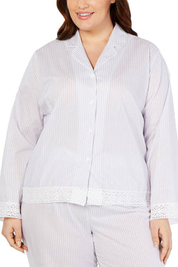 Charter Club PLUS Lace Trim Notch Collar Pajama Top in Block Stripe Lavender thumbnail 1