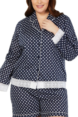 Charter Club PLUS Lace Trim Printed Notch Collar Pajama Top in Mini Floral Geo thumbnail 1