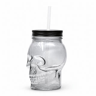 Clear Glass Skull Sipper Jar with Straw – 6 Inch