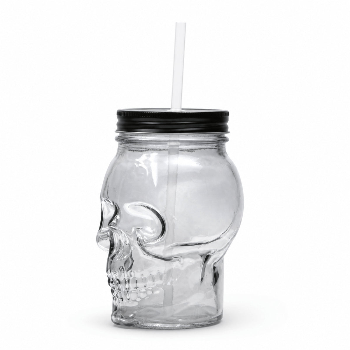 Clear Glass Skull Sipper Jar with Straw – 6 Inch