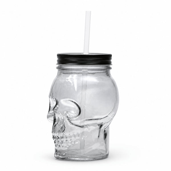 Clear Glass Skull Sipper Jar with Straw – 6 Inch