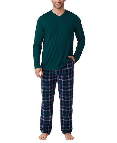 Cuddl Duds Cabin 2-Pc. Solid Long-Sleeve V-Neck T-Shirt & Plaid Fleece Pajama Pants Set