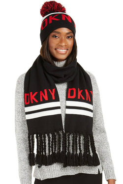 DKNY Black/Red Logo Stadium Beanie With Pom Pom thumbnail 2