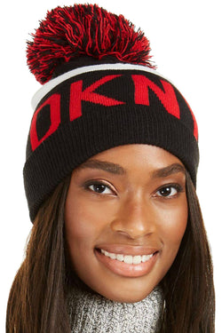 DKNY Black/Red Logo Stadium Beanie With Pom Pom thumbnail 1