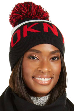 DKNY Black/Red Logo Stadium Beanie With Pom Pom thumbnail 3