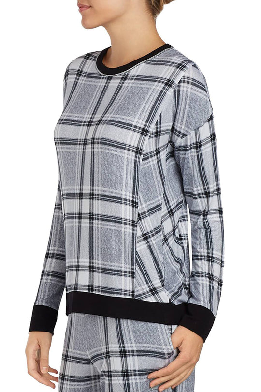 DKNY Grey-Plaid Contrast-Trim Lounge Top