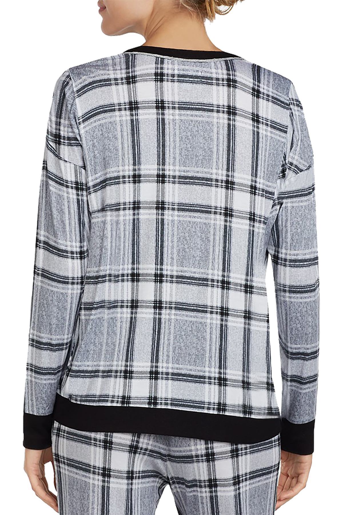DKNY Grey-Plaid Contrast-Trim Lounge Top