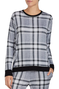 DKNY Grey-Plaid Contrast-Trim Lounge Top thumbnail 1