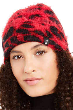 DKNY Red Fuzzy Animal Print Beanie thumbnail 1