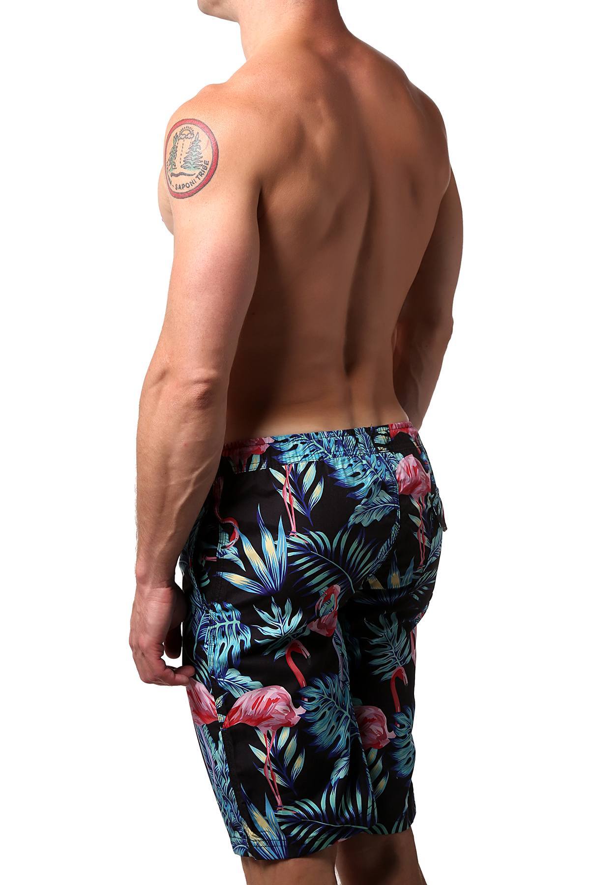 Distortion Black Flamingo Print Swim Short