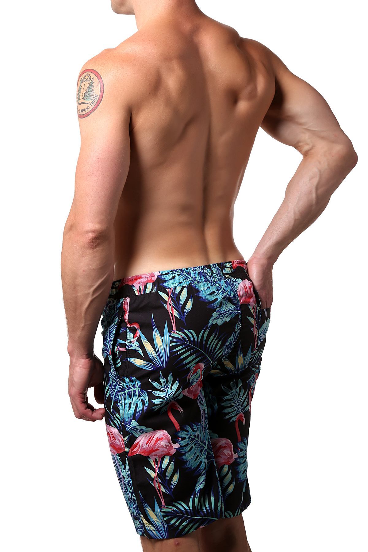 Distortion Black Flamingo Print Swim Short