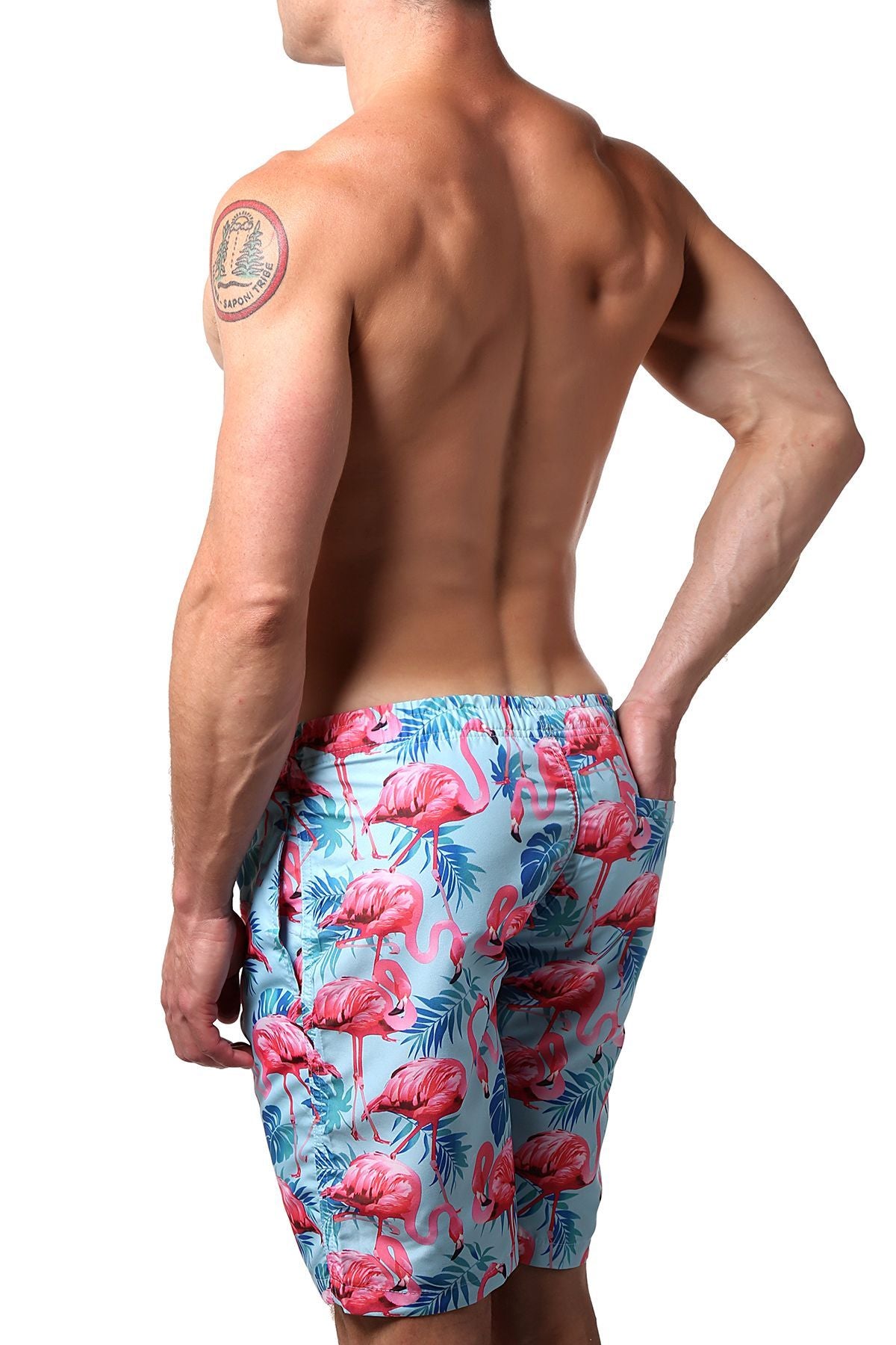 Distortion Light Blue Flamingo Print Swim Short