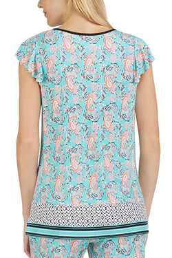 Ellen Tracy Printed Flutter Sleeve Pajama Top in Seafoam thumbnail 3