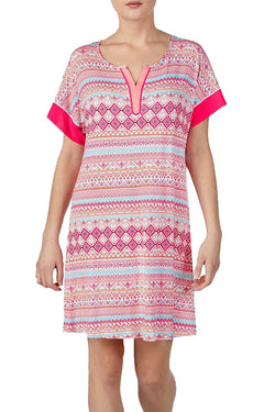 Ellen Tracy Printed Split Neck Nightgown in Coral thumbnail 1