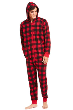 Family PJs Men Buffalo Check Hooded Onesie thumbnail 1