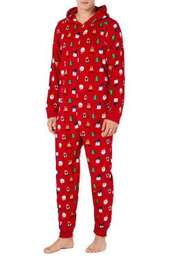 Family PJs Men Hooded Onesie Pajama in Santa and Friends thumbnail 1