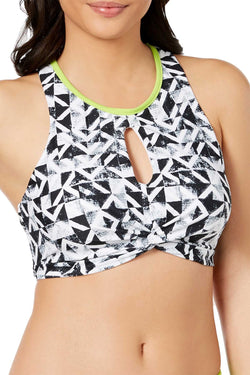 GO by Gossip Graphic Content High Neck Keyhole Bikini Top in Geo Black/White thumbnail 2