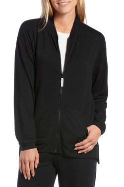 HUE Black Solid Zipper Front Lounge Top thumbnail 1