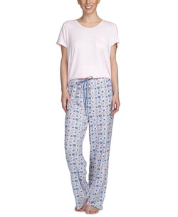 Hanes Wo 2pc Pajama Set Pink/geo thumbnail 1