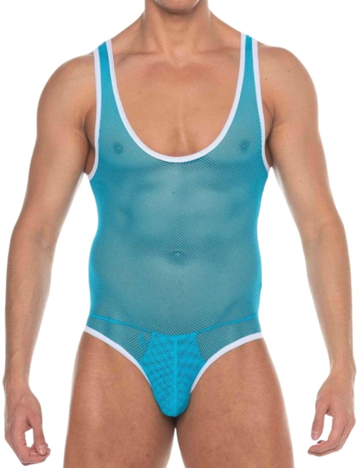 Hard Core Turquoise Tryst Backless Mesh Singlet