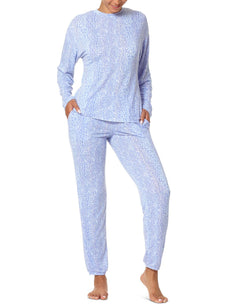 Hue Faded Leopard Crewneck Top & Jogger Pants Pajama Set Persian Jewel thumbnail 1