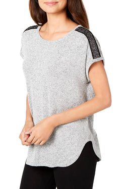 INC International Concepts Metallic Trim Lounge Tee in Hacci Medium Grey thumbnail 1