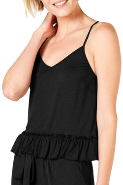 INC International Concepts Ultra Soft Ruffle Flounce Lounge Top in Deep Black thumbnail 1